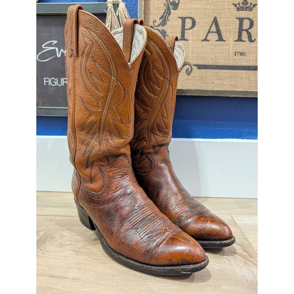 Vintage Dan Post Cowboy Boots Mens 8 Cognac Tan Patina Almond Toe Western 1984